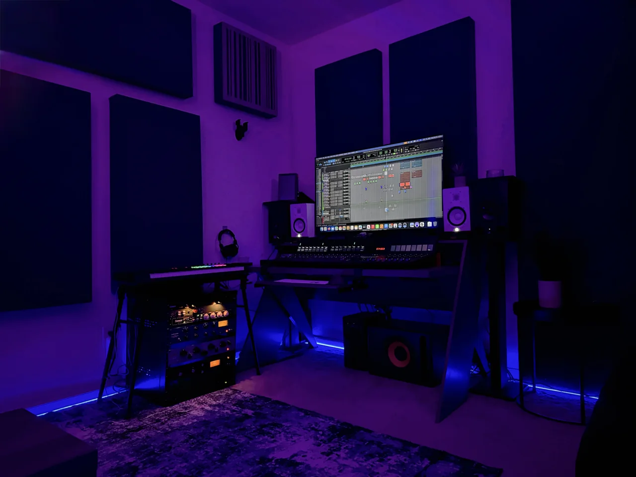 Lunar Mansion Studios desk closeup with outboard gear, preamps, and studio monitors